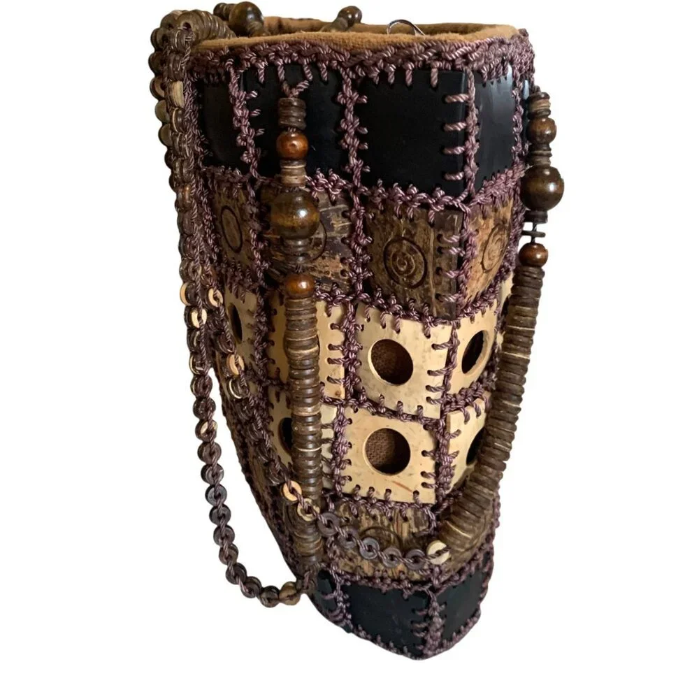 Handcrafted Boho Patchwork Shoulder Bag Beaded Straps & Unique‎ Coconut Shells